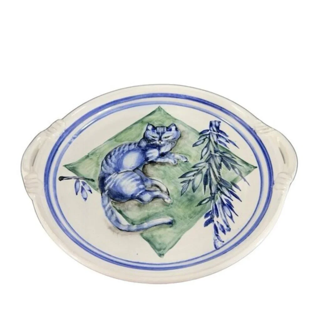 Hand Made Folk Art RedWare Dish Platter Blue Cat Kitty With‎ Handles Marked VTG